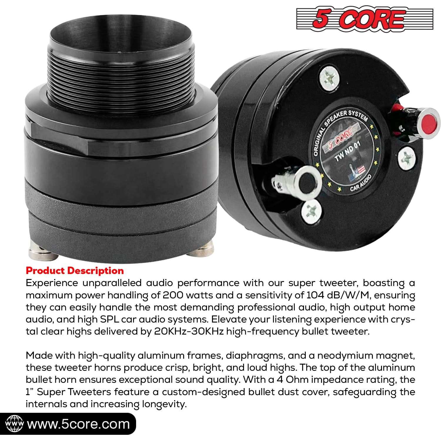 5 Core Super Tweeter 1" 200W Max 4Ohm Neodymium Magnet Titanium Bullet Speaker Horn-2