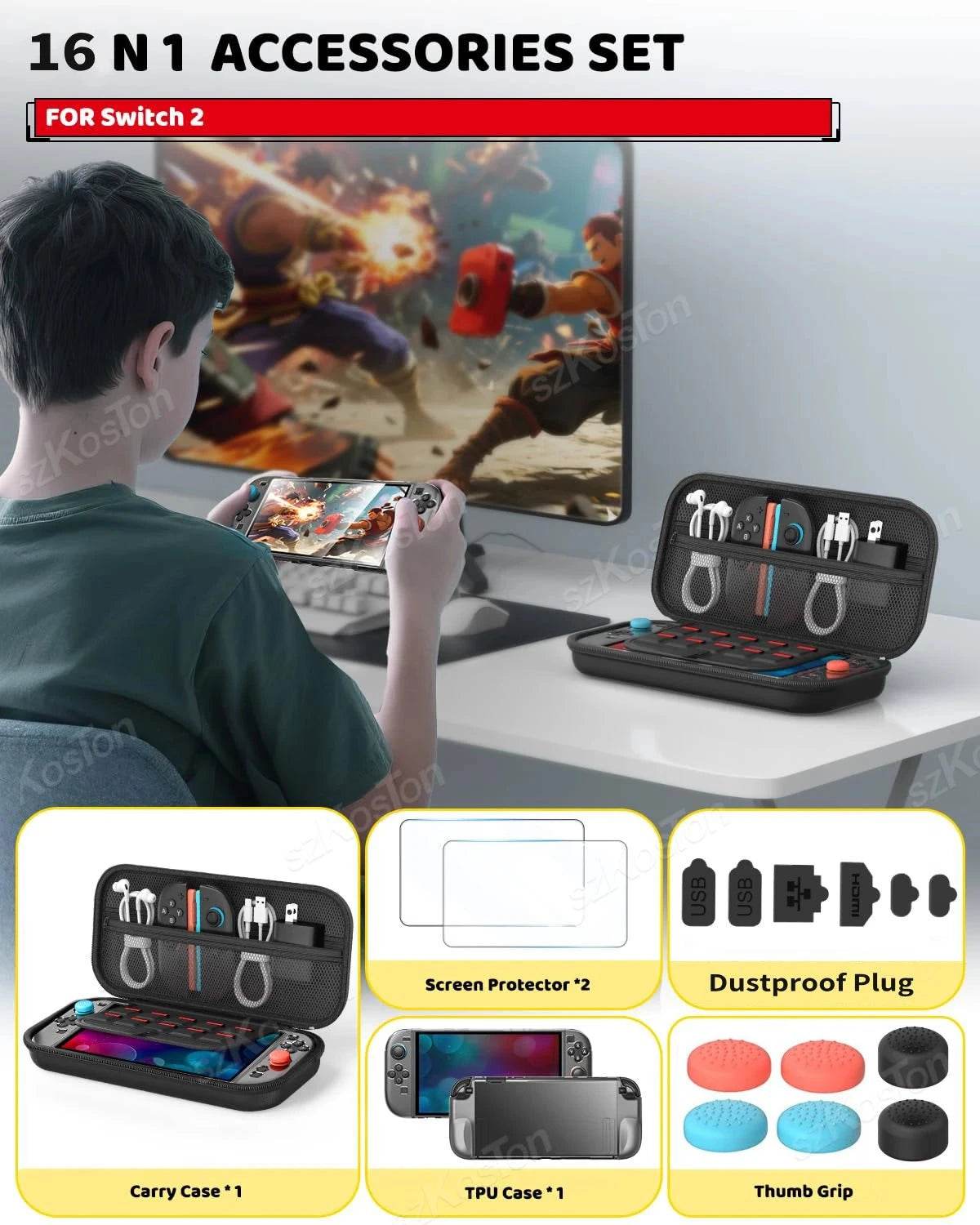 Switch 2 Accessories Bundle – Case, Cover, Screen Protector, Thumb Grips & Dust Plugs - Nic's Electronics