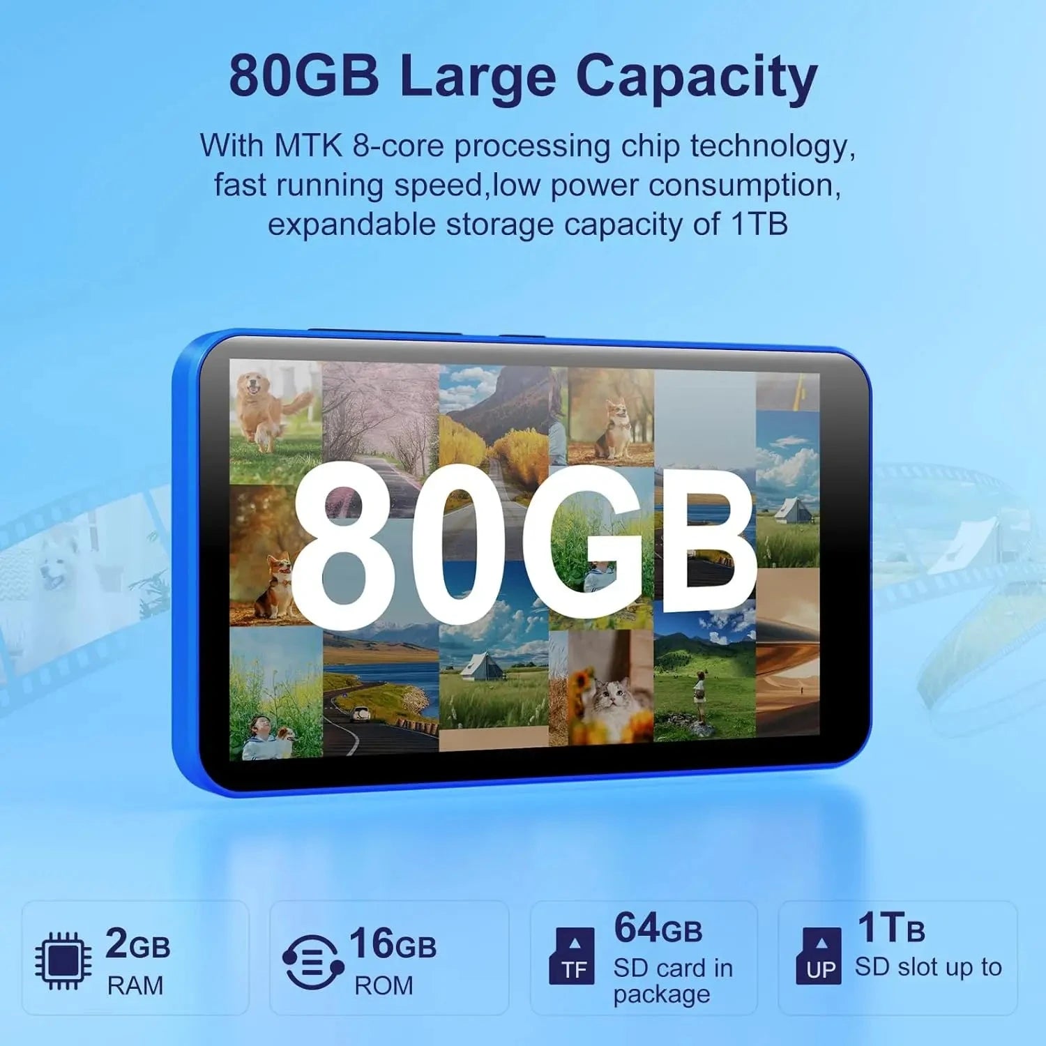 Nic's Electronics Blue / 16GB 80GB(16GB+64GB) MP3 Player with Bluetooth and WiFi, Android MP3 & MP4 Players with 4" Touchscreen and Speaker, Spotify