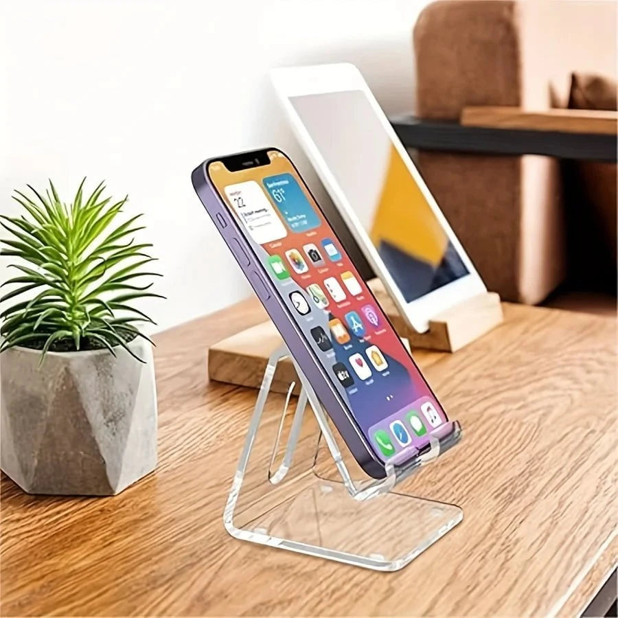 Nic's Electronics Clear Acrylic Cell Phone Stand, Transparent Phone Stand for Desk, Suitable for iPhone 14 13 Pro Max, All Smartphone 4-8in
