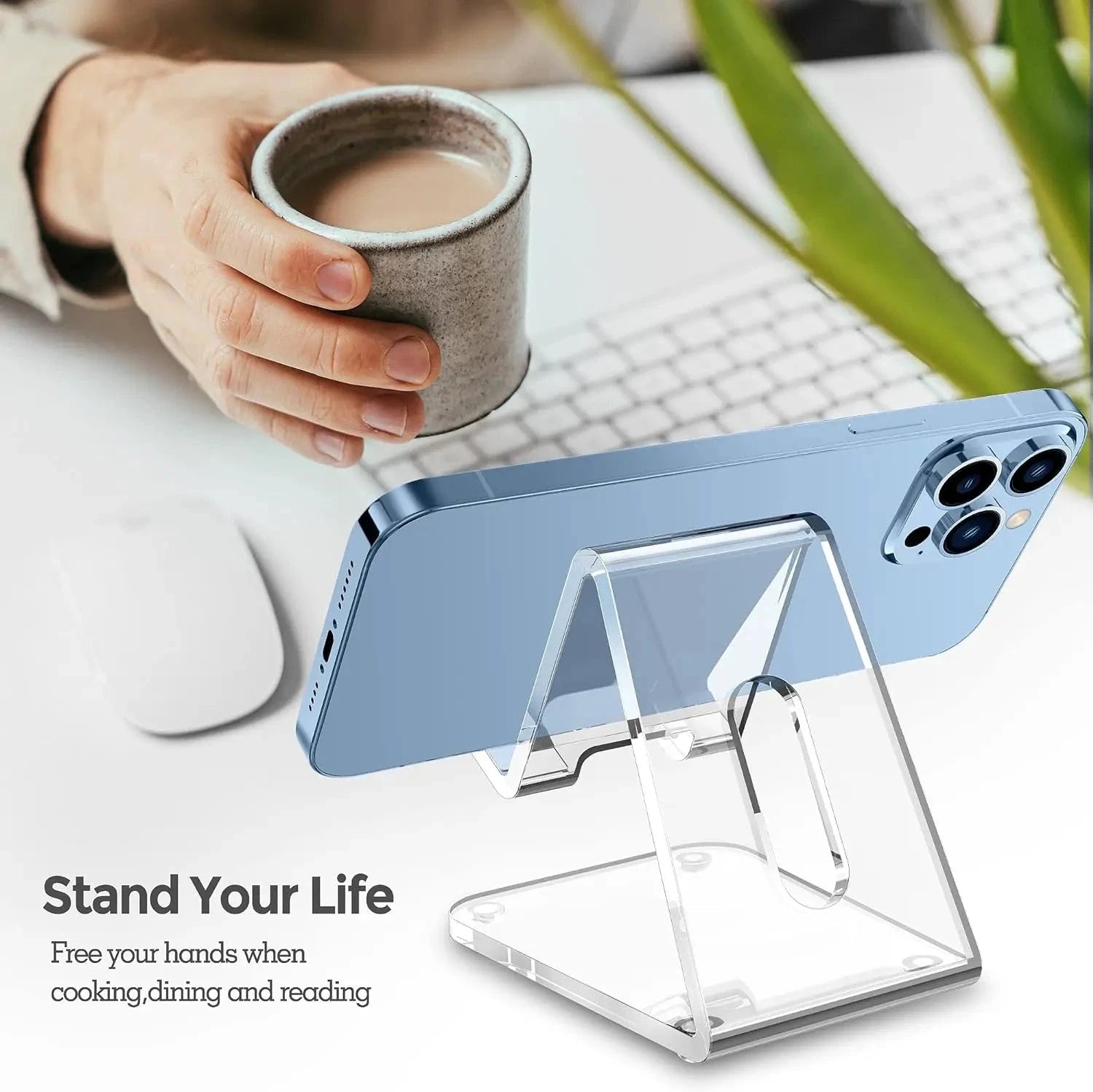 Nic's Electronics Clear Acrylic Cell Phone Stand, Transparent Phone Stand for Desk, Suitable for iPhone 14 13 Pro Max, All Smartphone 4-8in