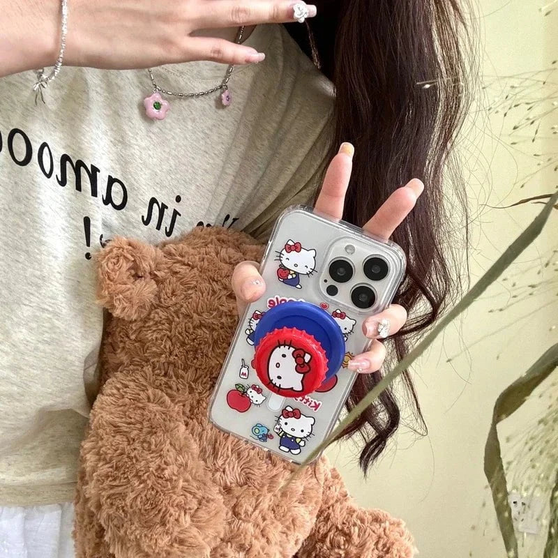 Nic's Electronics Cute Sanrio Hello Kitty Magnetic Wallet Bracket Magsafe Wireless Charge Phone Case For iPhone 16 15 14 13 12 11 Pro Max Cover