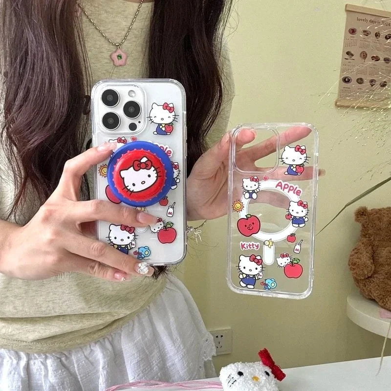 Nic's Electronics Cute Sanrio Hello Kitty Magnetic Wallet Bracket Magsafe Wireless Charge Phone Case For iPhone 16 15 14 13 12 11 Pro Max Cover