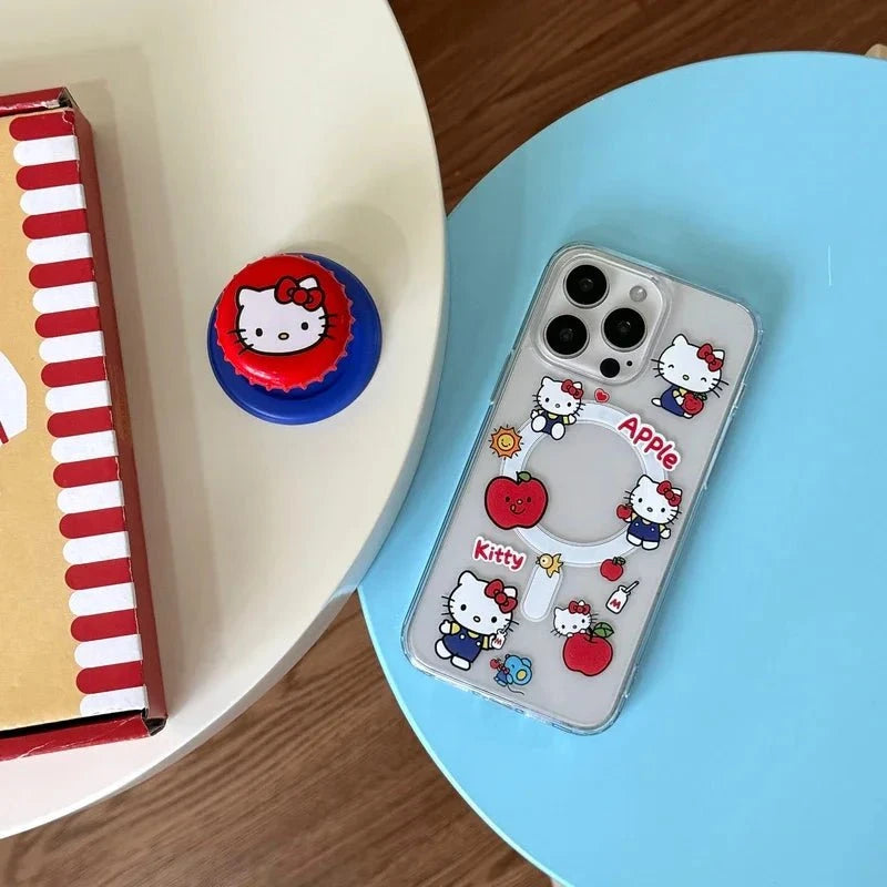 Nic's Electronics Cute Sanrio Hello Kitty Magnetic Wallet Bracket Magsafe Wireless Charge Phone Case For iPhone 16 15 14 13 12 11 Pro Max Cover