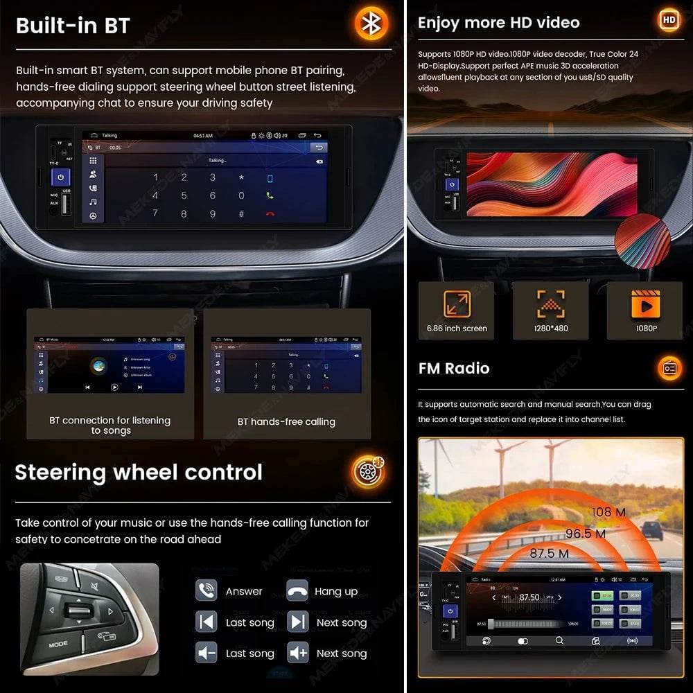 NaviFly 6.86 1DIN MP5 Car Stereo – Wireless CarPlay, Android Auto & BT - Nic's Electronics