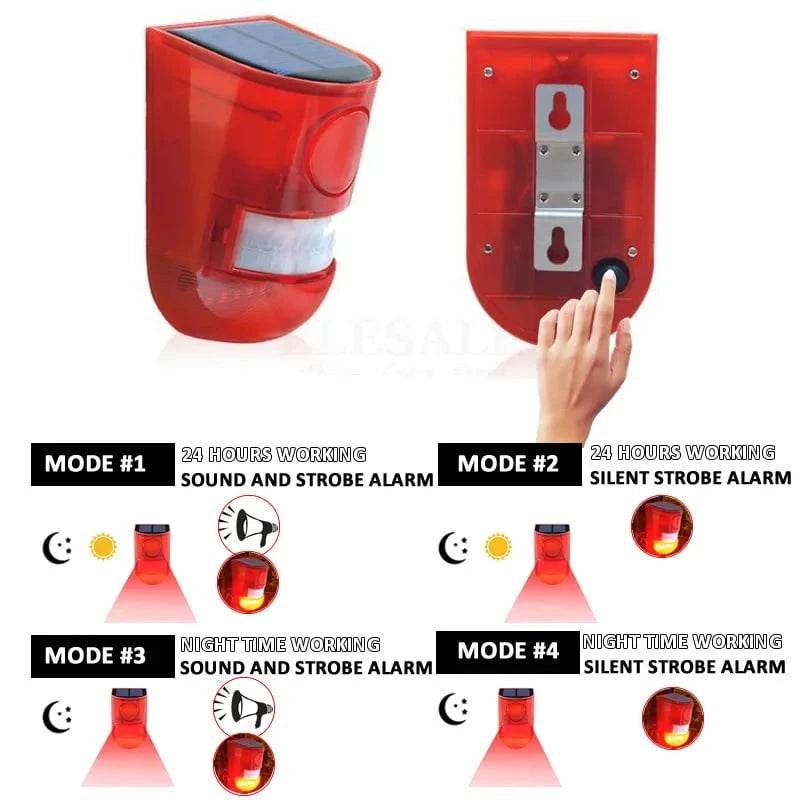 Solar Motion Sensor Alarm with 110db Siren & Strobe Light - Nic's Electronics