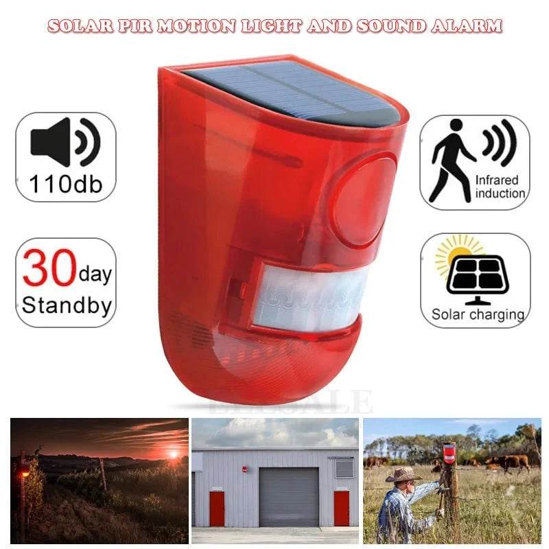Solar Motion Sensor Alarm with 110db Siren & Strobe Light - Nic's Electronics