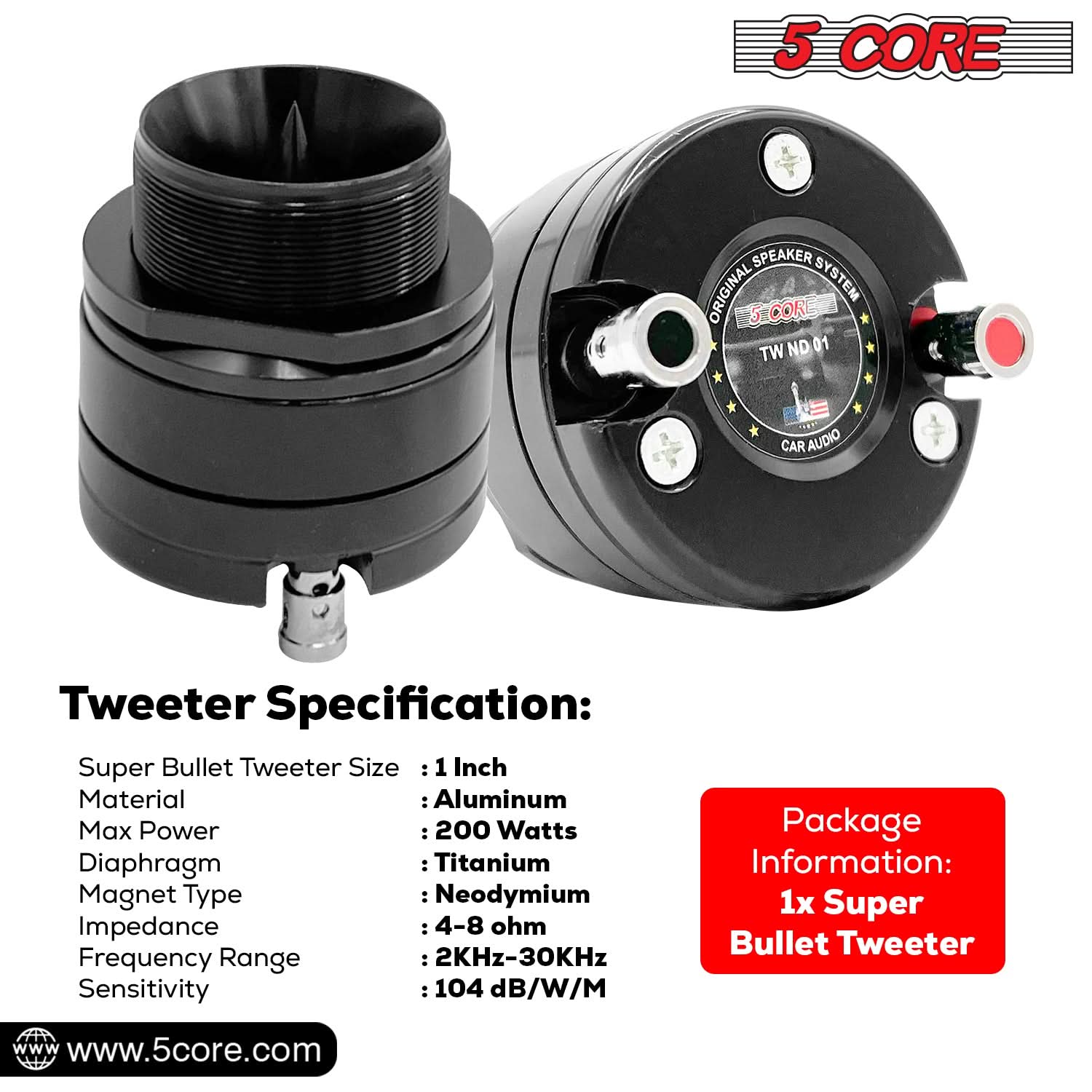 5 Core Super Tweeter 1" 200W Max 4Ohm Neodymium Magnet Titanium Bullet Speaker Horn-1