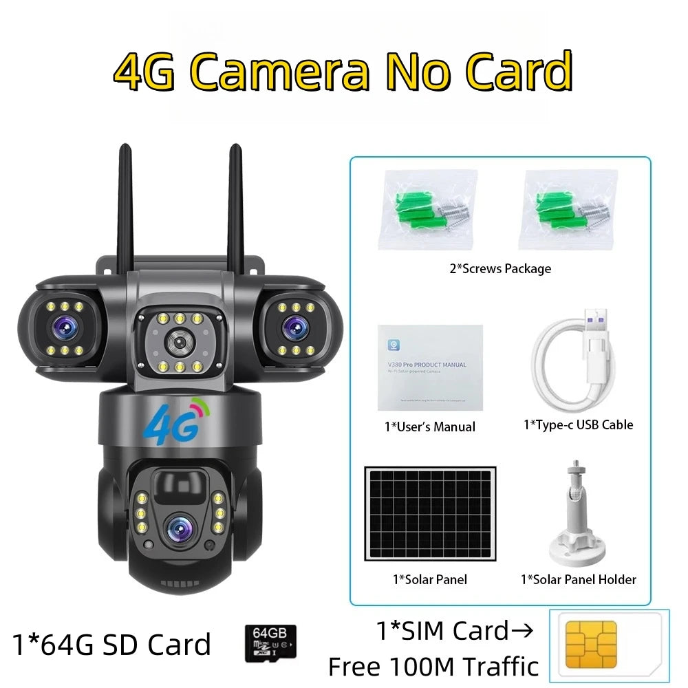 Solar 4G Camera With Sim Card 12MP 6K Three Lens Three Screen Monitor Night Vision Security Protection PTZ Video Surveillance