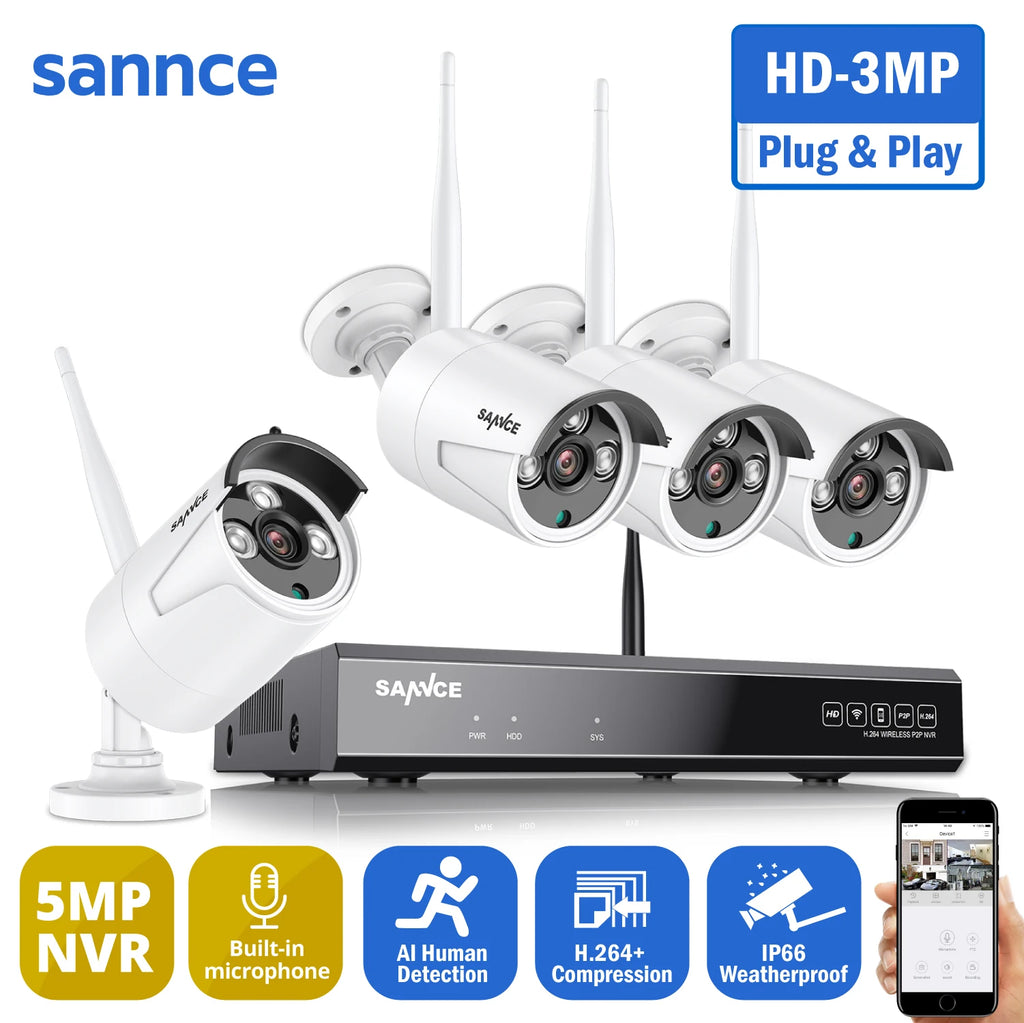 SANNCE 8CH 3MP Wireless Surveillance Kit NVR 3MP Wifi IP66 Weatherproof Cameras Night Vision H.264+ CCTV Security Camera System
