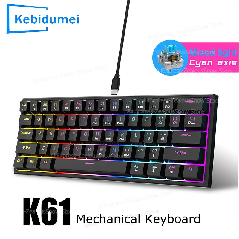 61 Keys Mechanical Keyboard Wired Gaming Keyboard for Laptop Desktop Ergonomics RGB Backlit Cyan Axis Keycaps PC Accessories