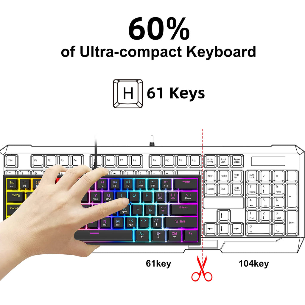 61 Keys Mechanical Keyboard Wired Gaming Keyboard for Laptop Desktop Ergonomics RGB Backlit Cyan Axis Keycaps PC Accessories