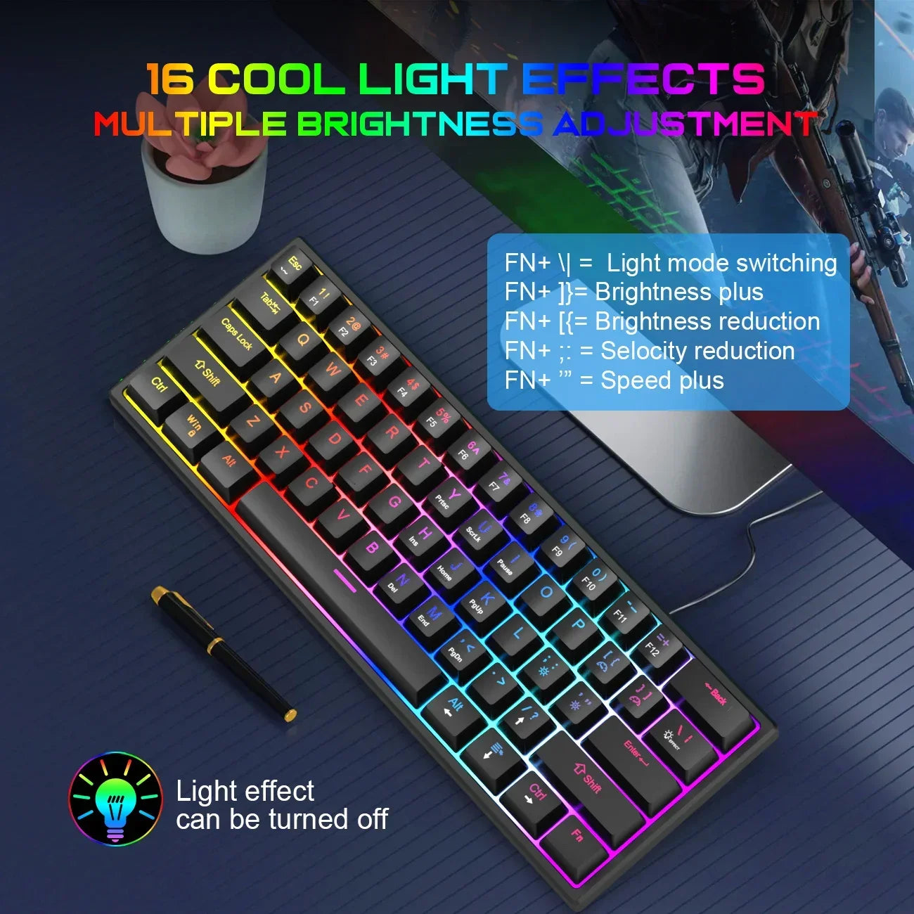 61 Keys Mechanical Keyboard Wired Gaming Keyboard for Laptop Desktop Ergonomics RGB Backlit Cyan Axis Keycaps PC Accessories