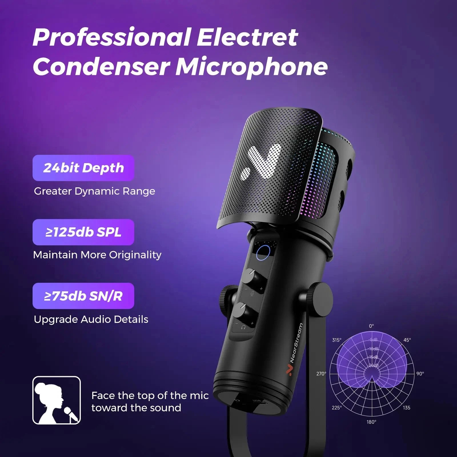 NearStream USB/XLR Condenser Micro Gaming Microphone with 8 RGB Modes Lighting,Boom Arm for Streaming on PC/PS5,Gamer Microphone