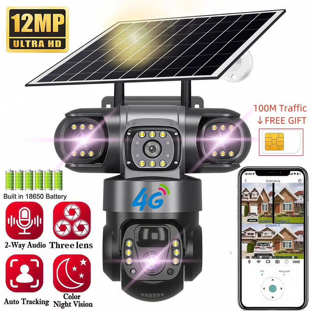Solar 4G Camera With Sim Card 12MP 6K Three Lens Three Screen Monitor Night Vision Security Protection PTZ Video Surveillance
