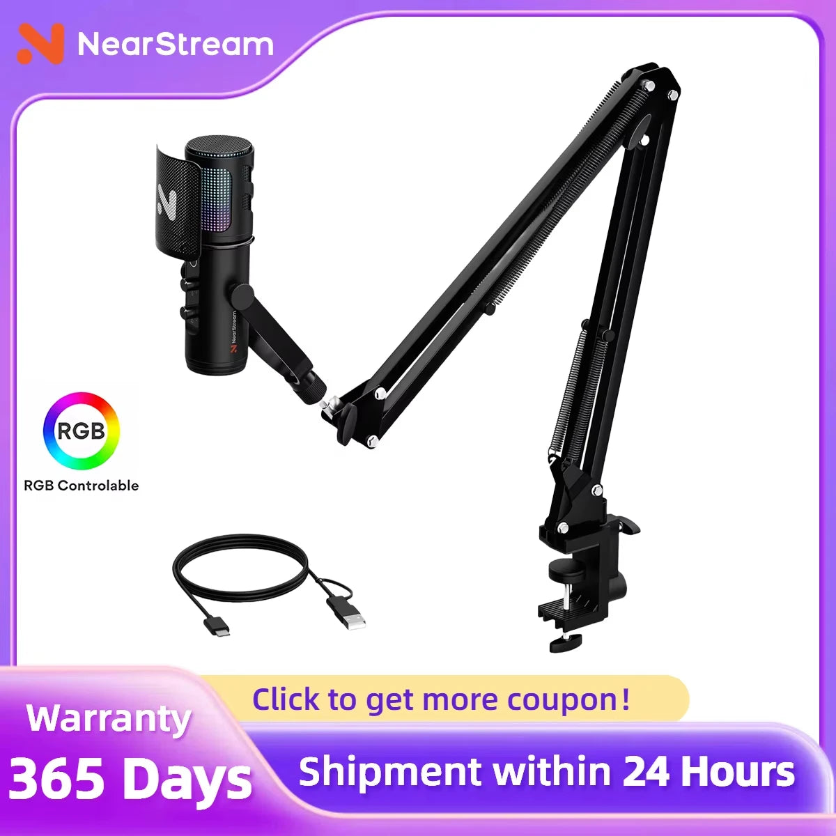 NearStream USB/XLR Condenser Micro Gaming Microphone with 8 RGB Modes Lighting,Boom Arm for Streaming on PC/PS5,Gamer Microphone