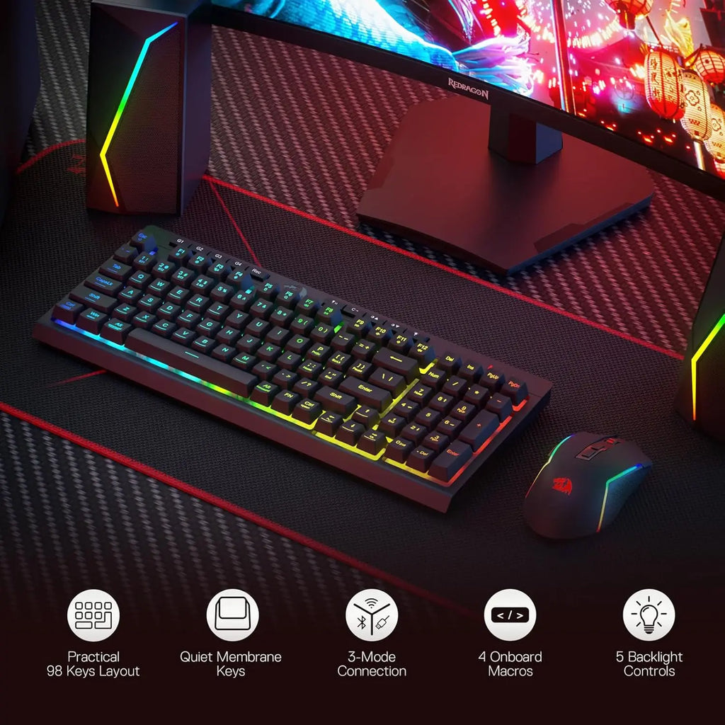 Redragon S142 Wireless Gaming Keyboard & Mouse Combo, 98 Keys K515 PRO Wireless RGB Membrane Keyboard