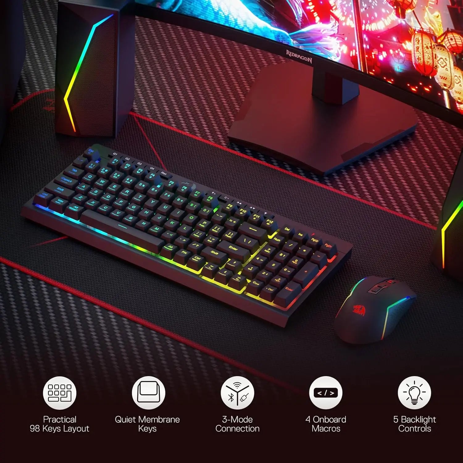 Redragon S142 Wireless Gaming Keyboard & Mouse Combo, 98 Keys K515 PRO Wireless RGB Membrane Keyboard