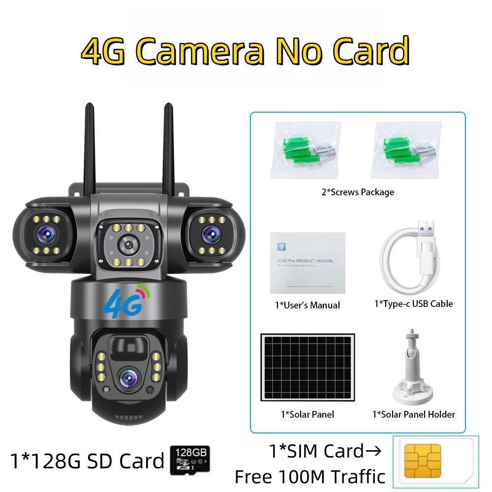 Solar 4G Camera With Sim Card 12MP 6K Three Lens Three Screen Monitor Night Vision Security Protection PTZ Video Surveillance