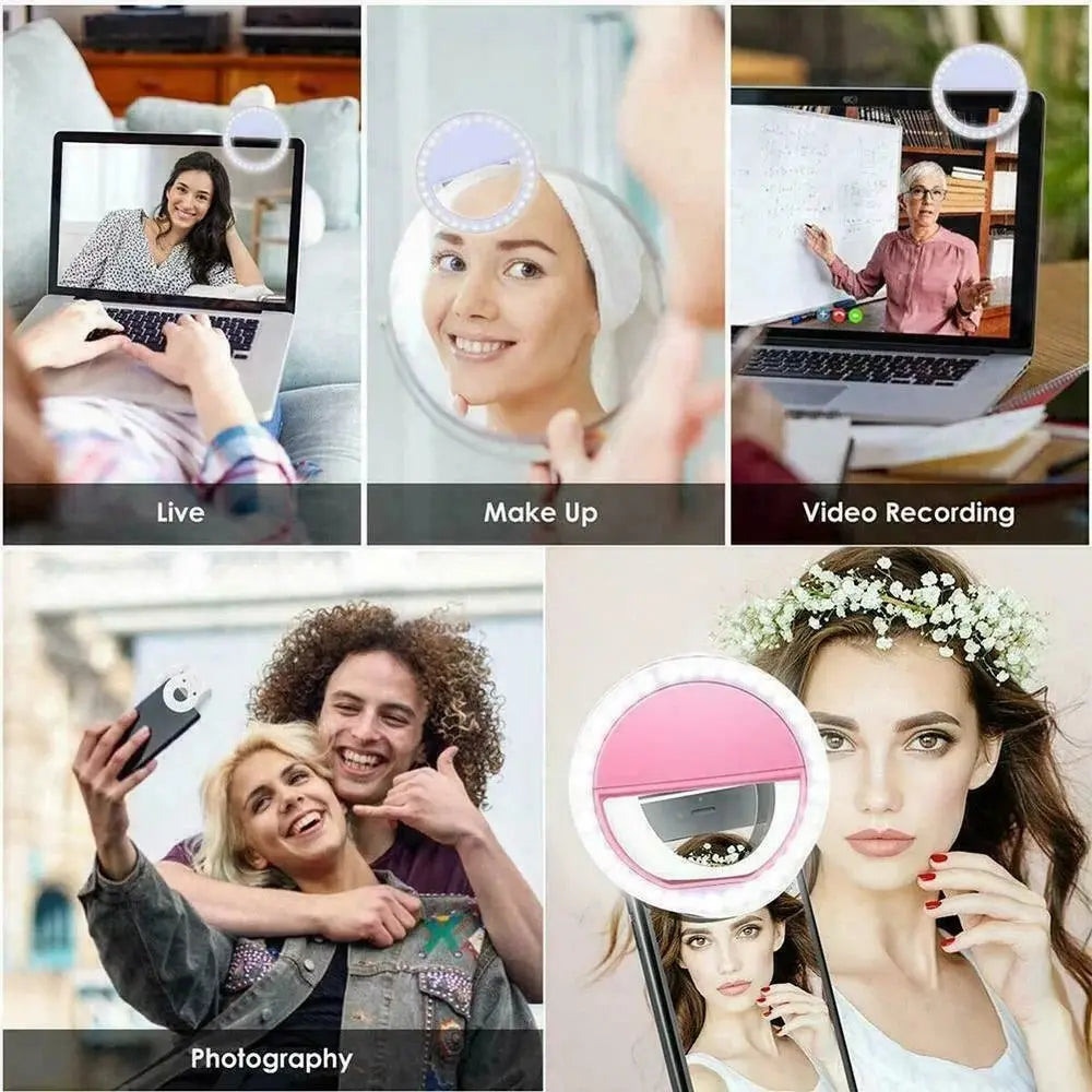 1pc USB Rechargeable LED Selfie Ring Light Adjustable Brightness Phone Camera Fill Light for iPhone Samsung Xiaomi Huawei