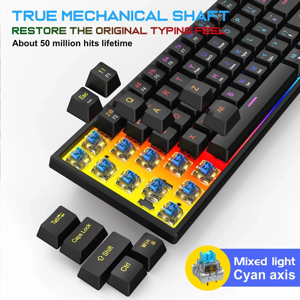 61 Keys Mechanical Keyboard Wired Gaming Keyboard for Laptop Desktop Ergonomics RGB Backlit Cyan Axis Keycaps PC Accessories