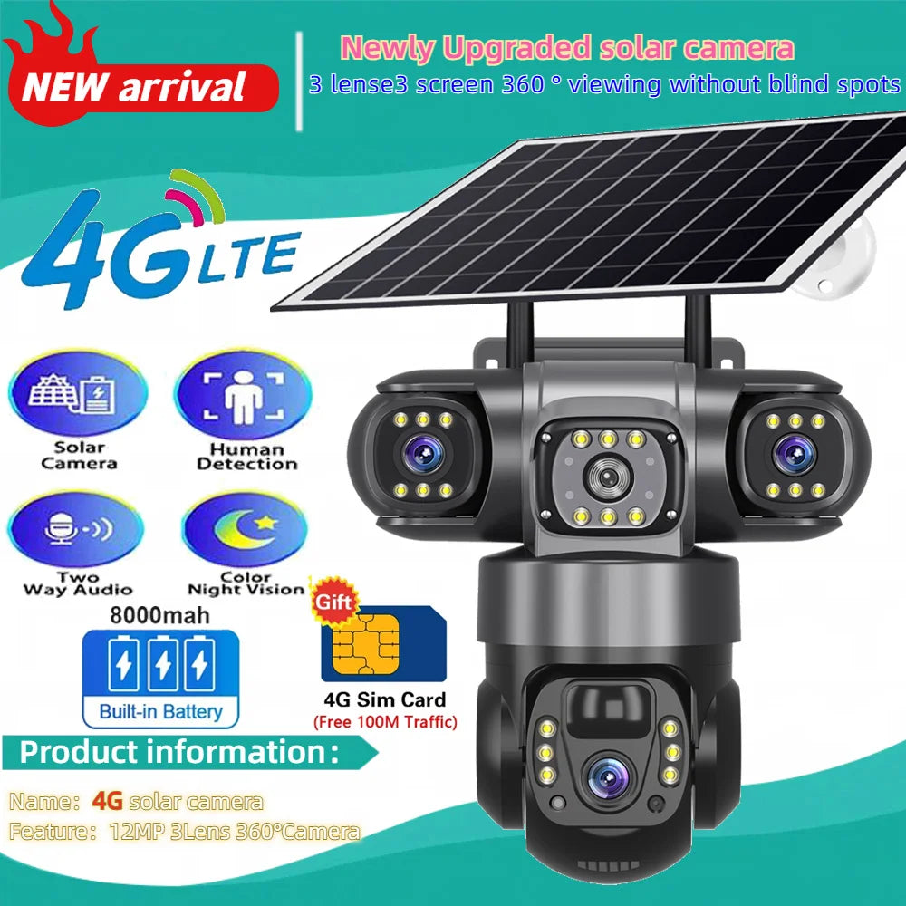 Solar Camera 4G Sim Outdoor 3 Lens 3 Screen 10X Zoom PIR Human Detect Cameras Waterproof Night Vision CCTV Security Protection