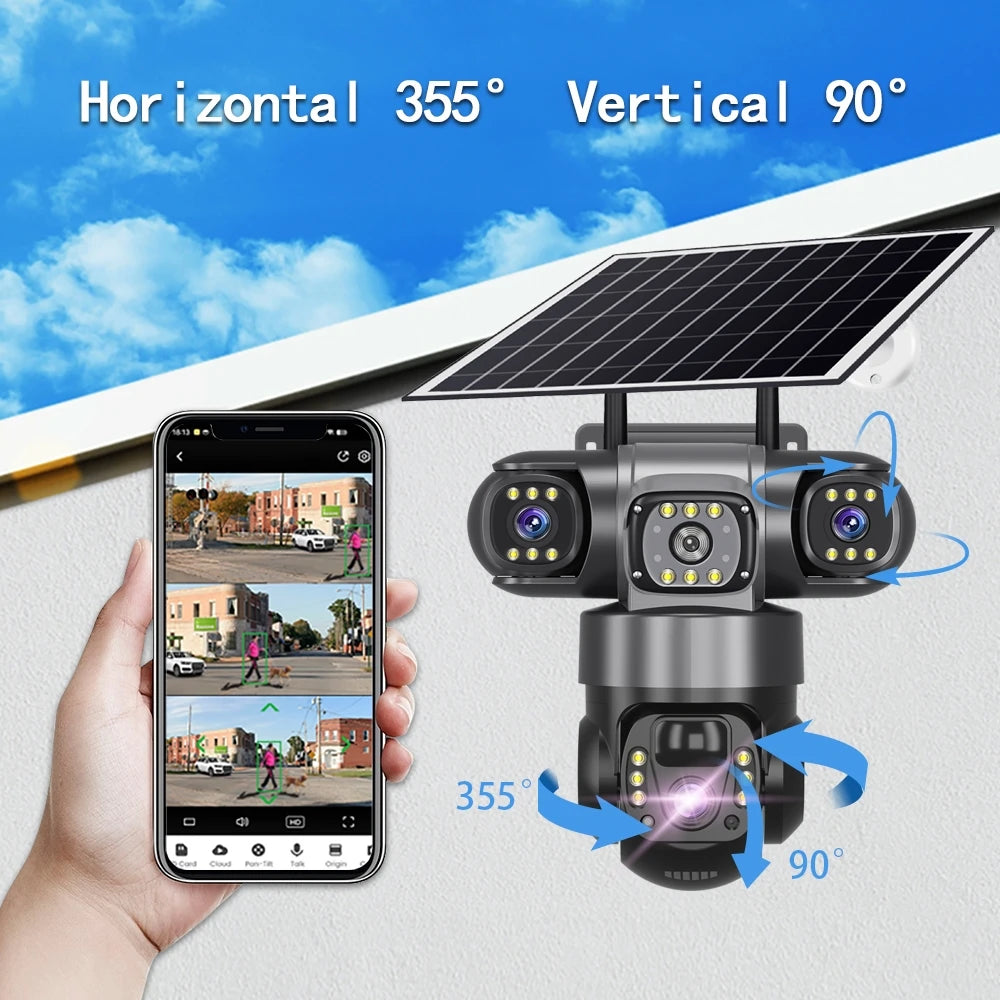 Solar 4G Camera With Sim Card 12MP 6K Three Lens Three Screen Monitor Night Vision Security Protection PTZ Video Surveillance