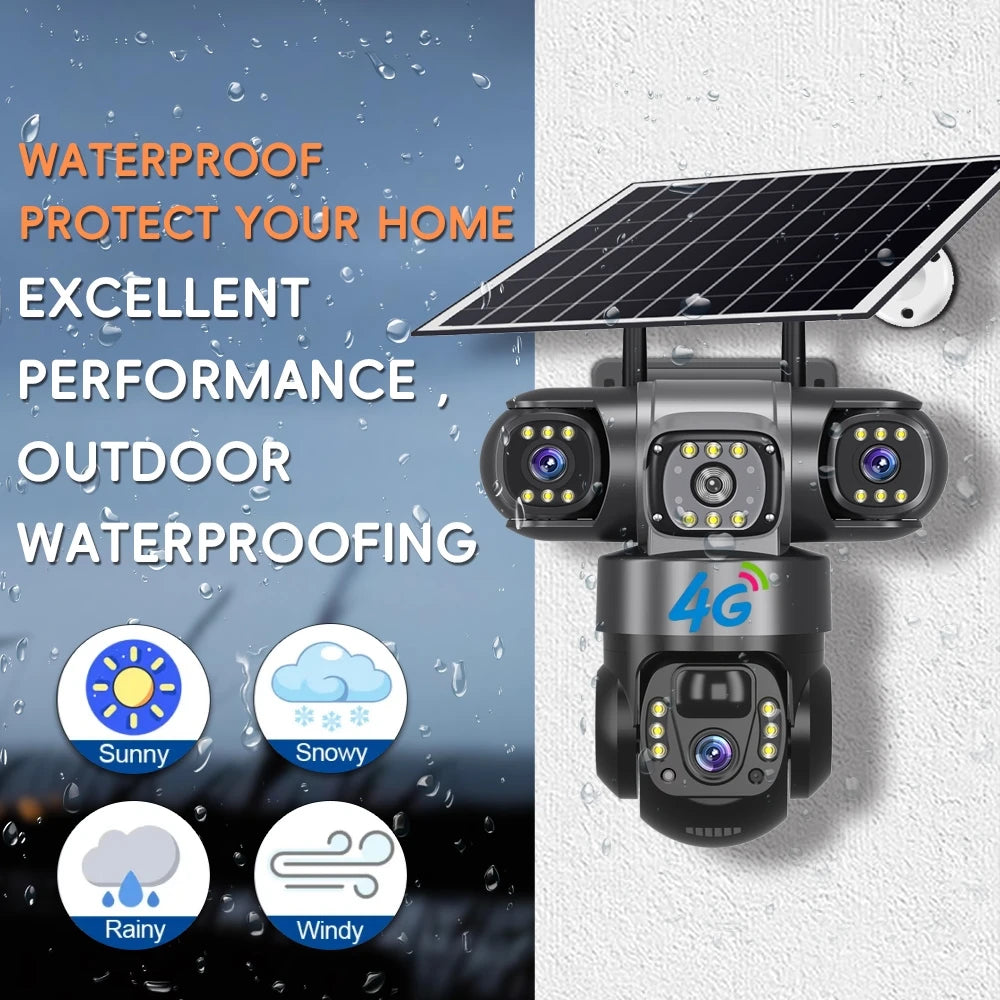 Solar 4G Camera With Sim Card 12MP 6K Three Lens Three Screen Monitor Night Vision Security Protection PTZ Video Surveillance