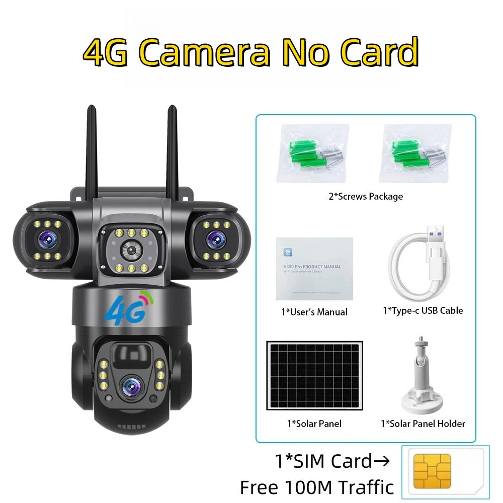 Solar 4G Camera With Sim Card 12MP 6K Three Lens Three Screen Monitor Night Vision Security Protection PTZ Video Surveillance