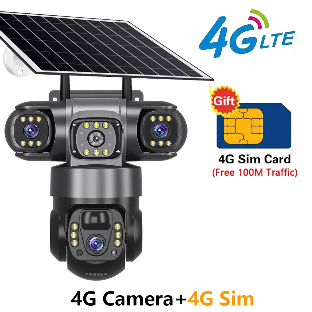 Solar Camera 4G Sim Outdoor 3 Lens 3 Screen 10X Zoom PIR Human Detect Cameras Waterproof Night Vision CCTV Security Protection