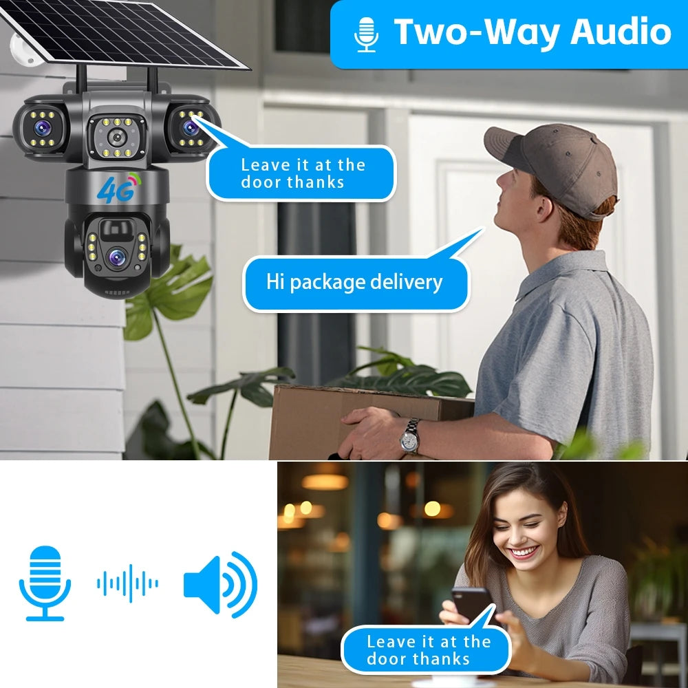 Solar 4G Camera With Sim Card 12MP 6K Three Lens Three Screen Monitor Night Vision Security Protection PTZ Video Surveillance