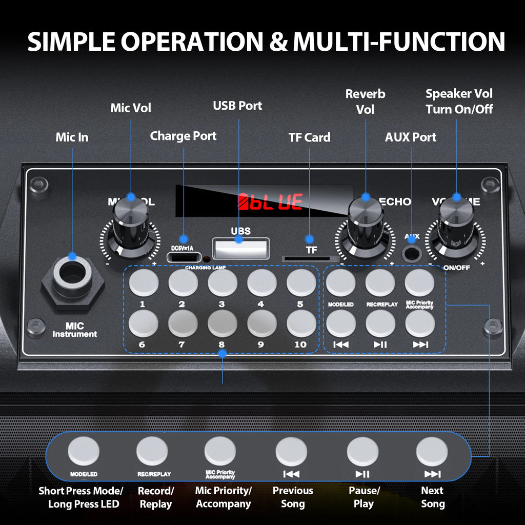 FanFun Wireless Speaker, Portable Bluetooth Speaker with Microphone and LED Light, Karaoke Speaker Machine, Home Karaoke System