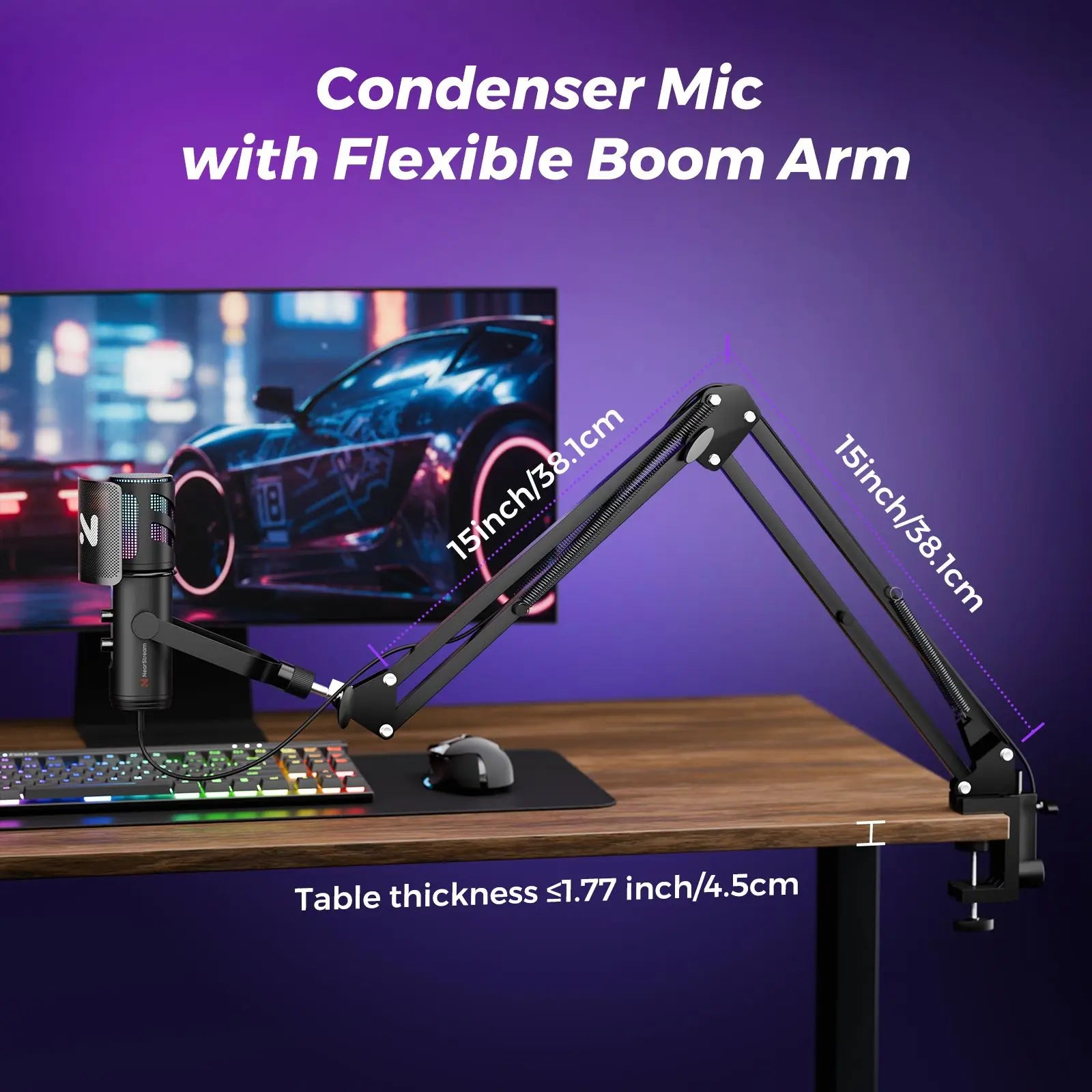 NearStream USB/XLR Condenser Micro Gaming Microphone with 8 RGB Modes Lighting,Boom Arm for Streaming on PC/PS5,Gamer Microphone