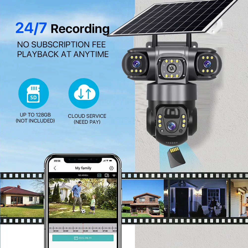 Solar Camera 4G Sim Outdoor 3 Lens 3 Screen 10X Zoom PIR Human Detect Cameras Waterproof Night Vision CCTV Security Protection