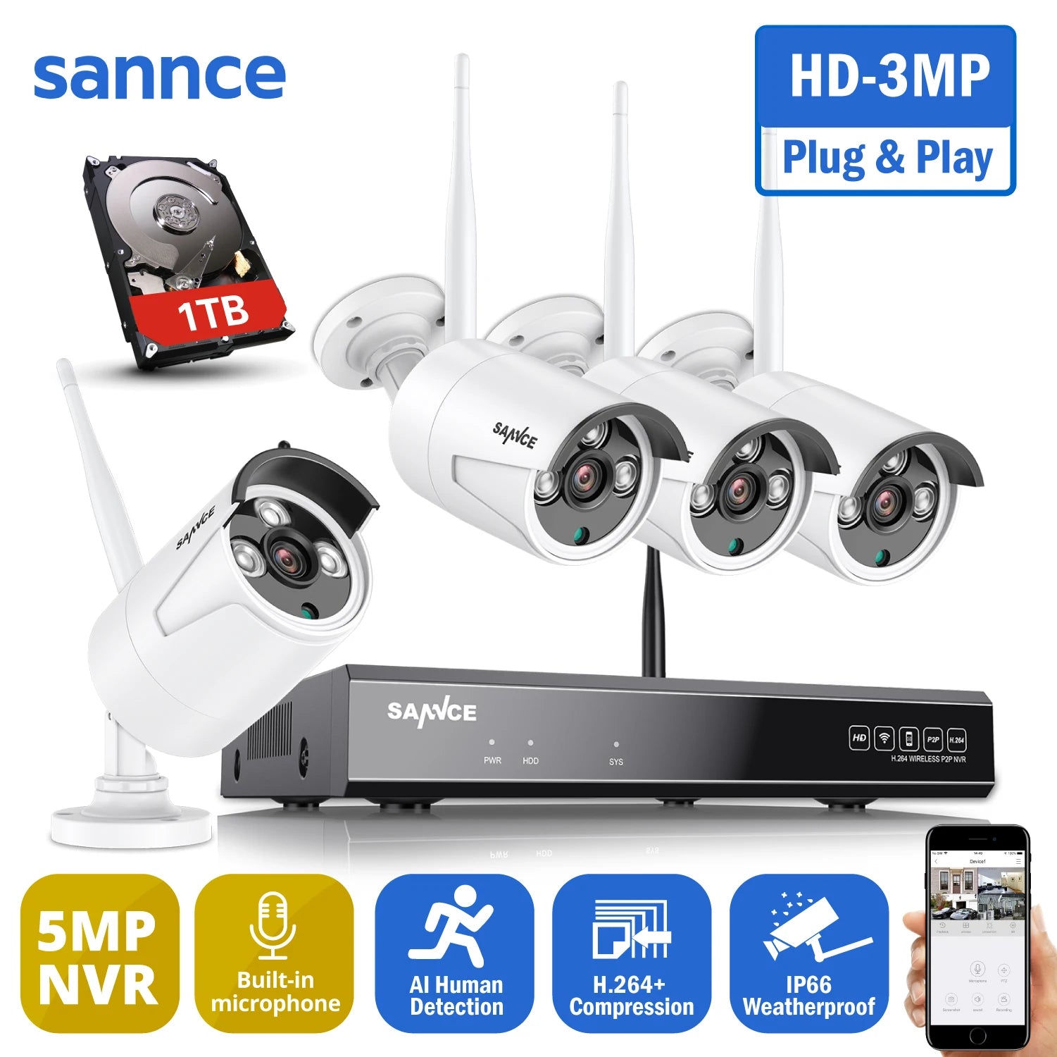 SANNCE 8CH 3MP Wireless Surveillance Kit NVR 3MP Wifi IP66 Weatherproof Cameras Night Vision H.264+ CCTV Security Camera System
