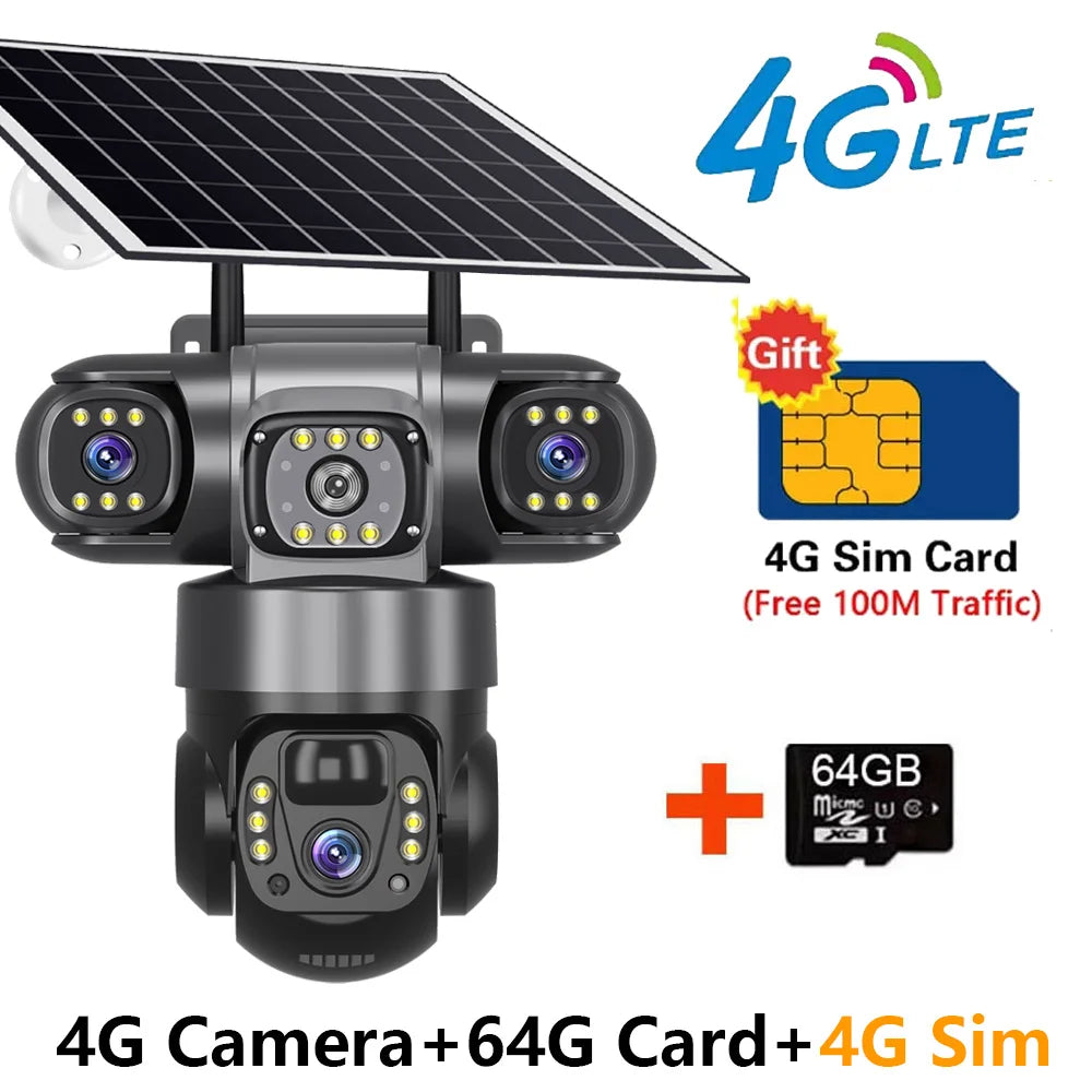 Solar Camera 4G Sim Outdoor 3 Lens 3 Screen 10X Zoom PIR Human Detect Cameras Waterproof Night Vision CCTV Security Protection