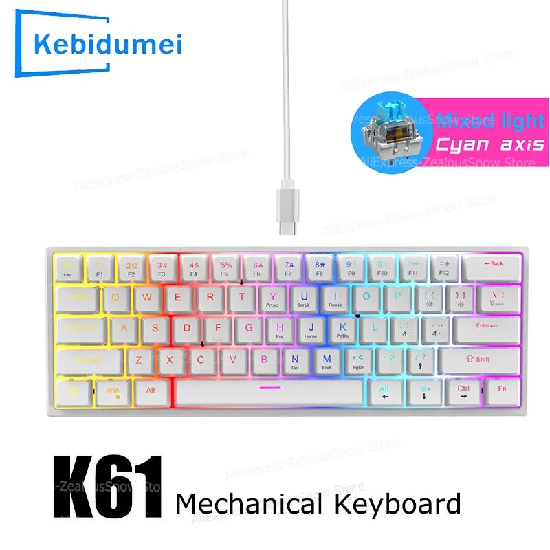 61 Keys Mechanical Keyboard Wired Gaming Keyboard for Laptop Desktop Ergonomics RGB Backlit Cyan Axis Keycaps PC Accessories