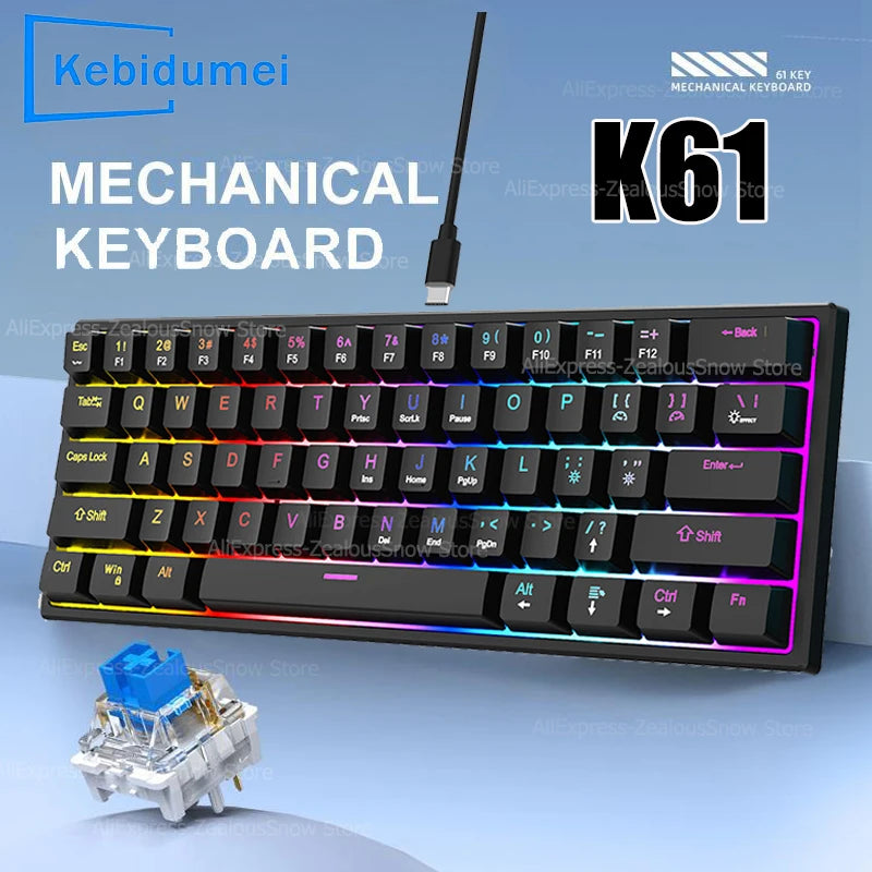61 Keys Mechanical Keyboard Wired Gaming Keyboard for Laptop Desktop Ergonomics RGB Backlit Cyan Axis Keycaps PC Accessories