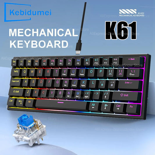 61 Keys Mechanical Keyboard Wired Gaming Keyboard for Laptop Desktop Ergonomics RGB Backlit Cyan Axis Keycaps PC Accessories