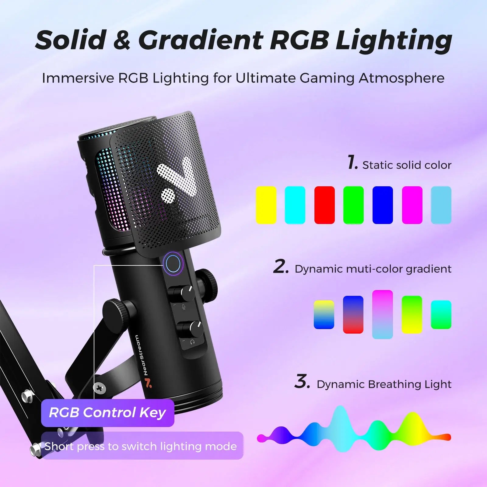 NearStream USB/XLR Condenser Micro Gaming Microphone with 8 RGB Modes Lighting,Boom Arm for Streaming on PC/PS5,Gamer Microphone