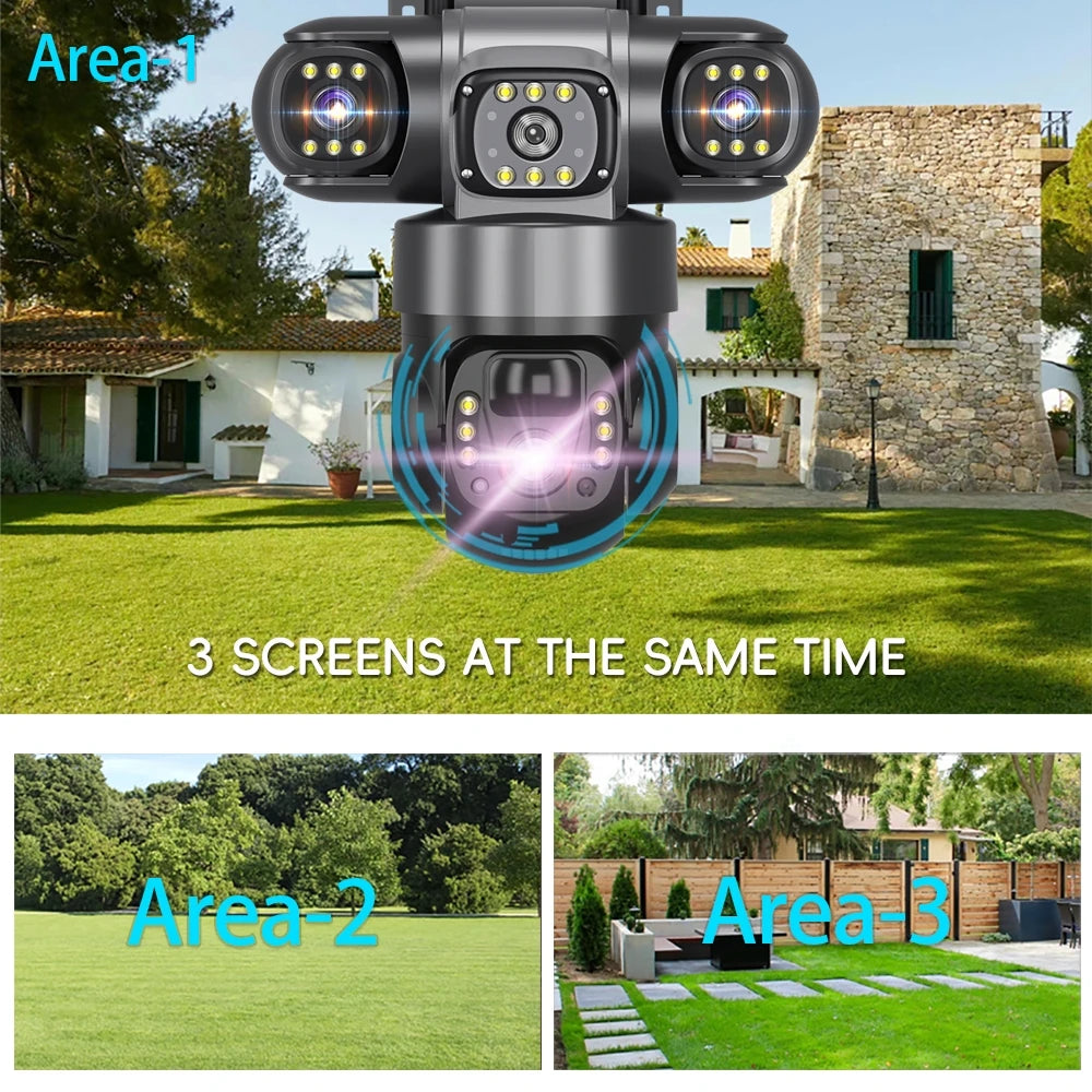Solar 4G Camera With Sim Card 12MP 6K Three Lens Three Screen Monitor Night Vision Security Protection PTZ Video Surveillance