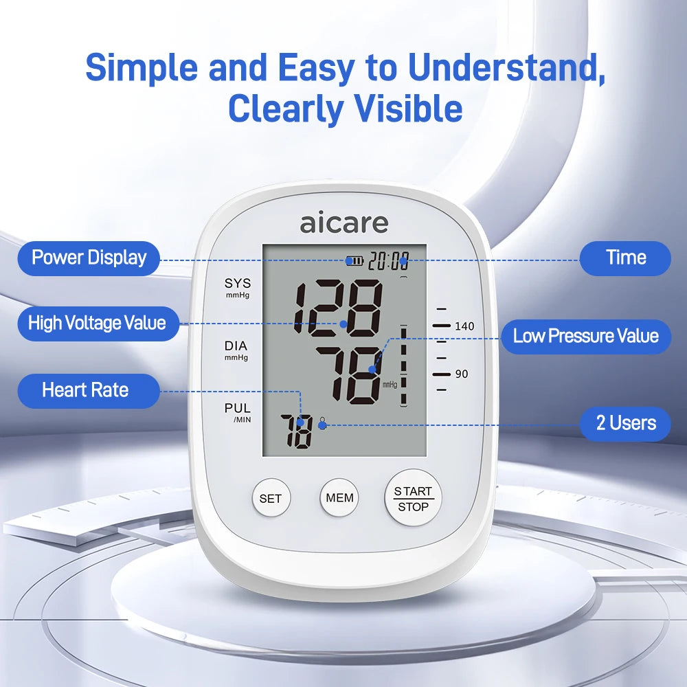 AICARE Blood Pressure Monitor Upper Arm Automatic Tonometer Digital Blood Pressure Meter BP Medical Sphygmomanometer Pulse