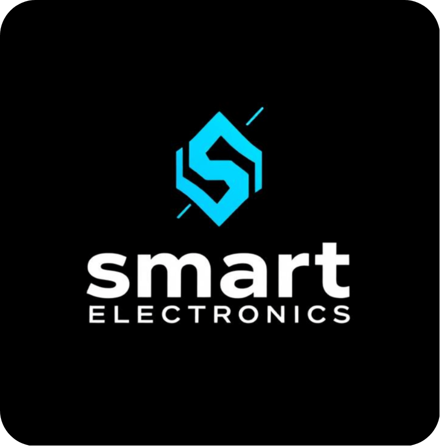 Smart Electronics logo with a blue and white design on a black background