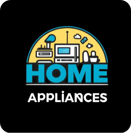 Logo for Home Appliances with icons of household items on a black background