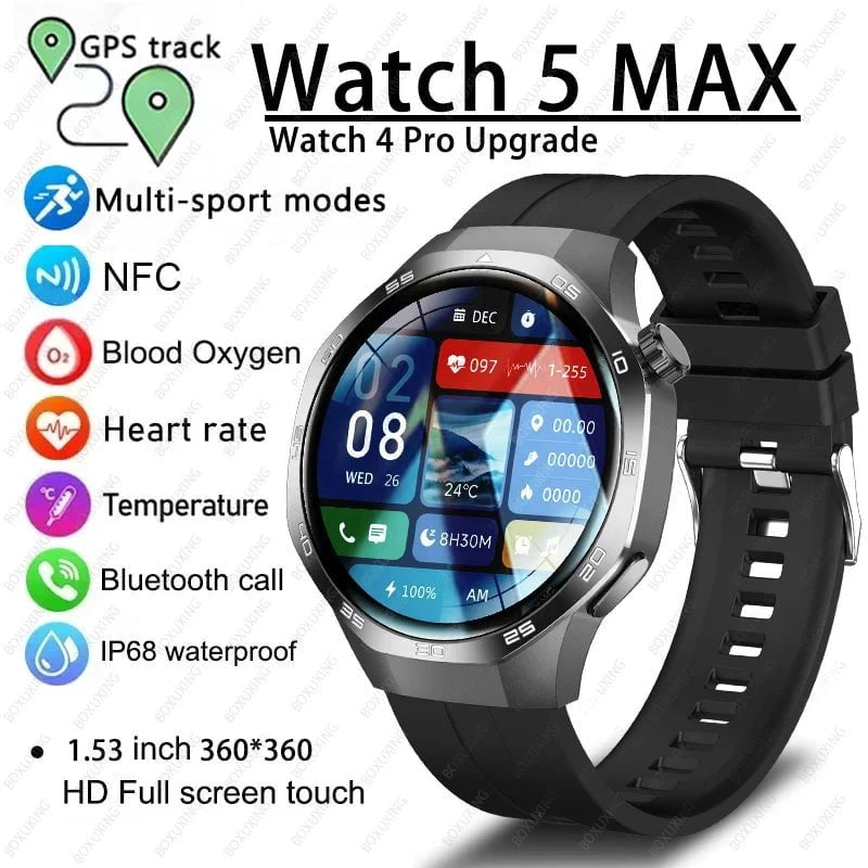 Nic's Electronics 2025 New Watch 5 MAX Smart Watch HD AMOLED Screen NFC GPS Tracker Bluetooth Call Waterproof Sports Health Smartwatch Men Women