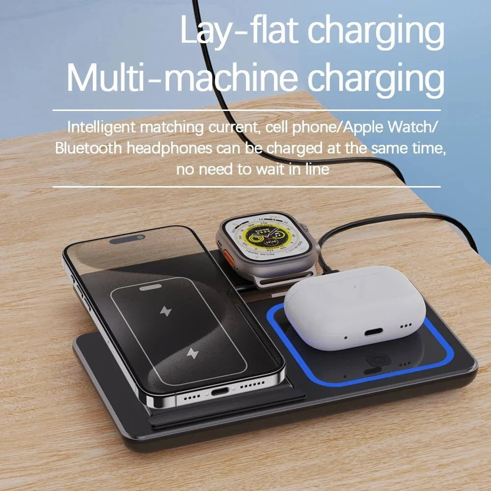 Nic's Electronics 30W 3 in 1 LED Fast Wireless Charger Stand Foldable Charging Station For iPhone 15 14 13 12 11 Apple Watch 9 8 7 6 5 Airpods Pro