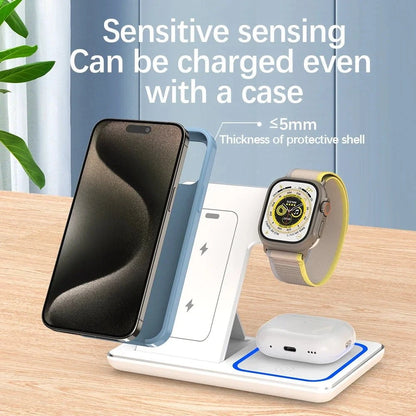 Nic's Electronics 30W 3 in 1 LED Fast Wireless Charger Stand Foldable Charging Station For iPhone 15 14 13 12 11 Apple Watch 9 8 7 6 5 Airpods Pro