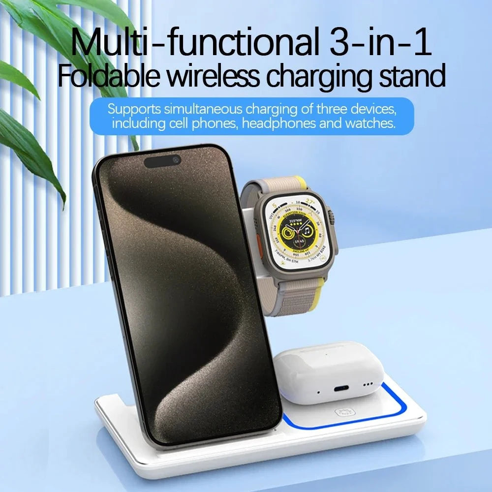 Nic's Electronics 30W 3 in 1 LED Fast Wireless Charger Stand Foldable Charging Station For iPhone 15 14 13 12 11 Apple Watch 9 8 7 6 5 Airpods Pro