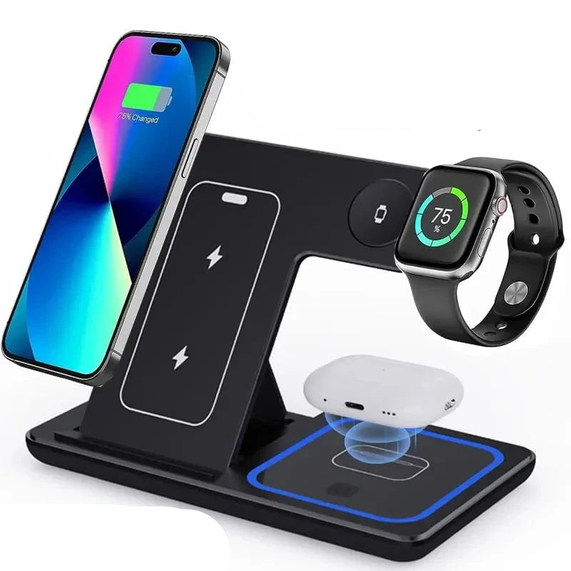 Nic's Electronics 30W 3 in 1 LED Fast Wireless Charger Stand Foldable Charging Station For iPhone 15 14 13 12 11 Apple Watch 9 8 7 6 5 Airpods Pro