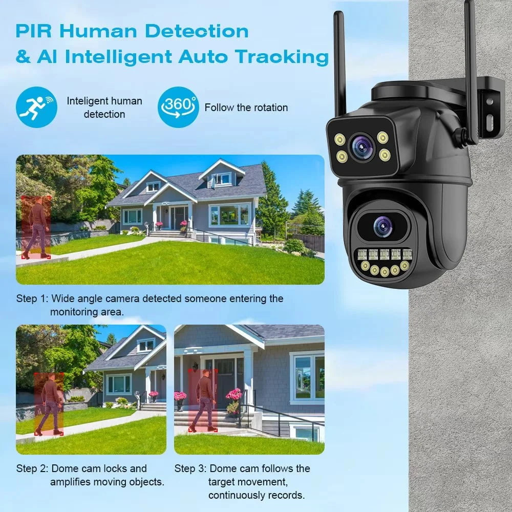 Nic's Electronics 4K 8MP Dual Lens Dual Screen IP Camera Wifi PTZ Camera Outdoor 4MP AI Auto Tracking CCTV HD Audio Video Surveillance P2P iCSee